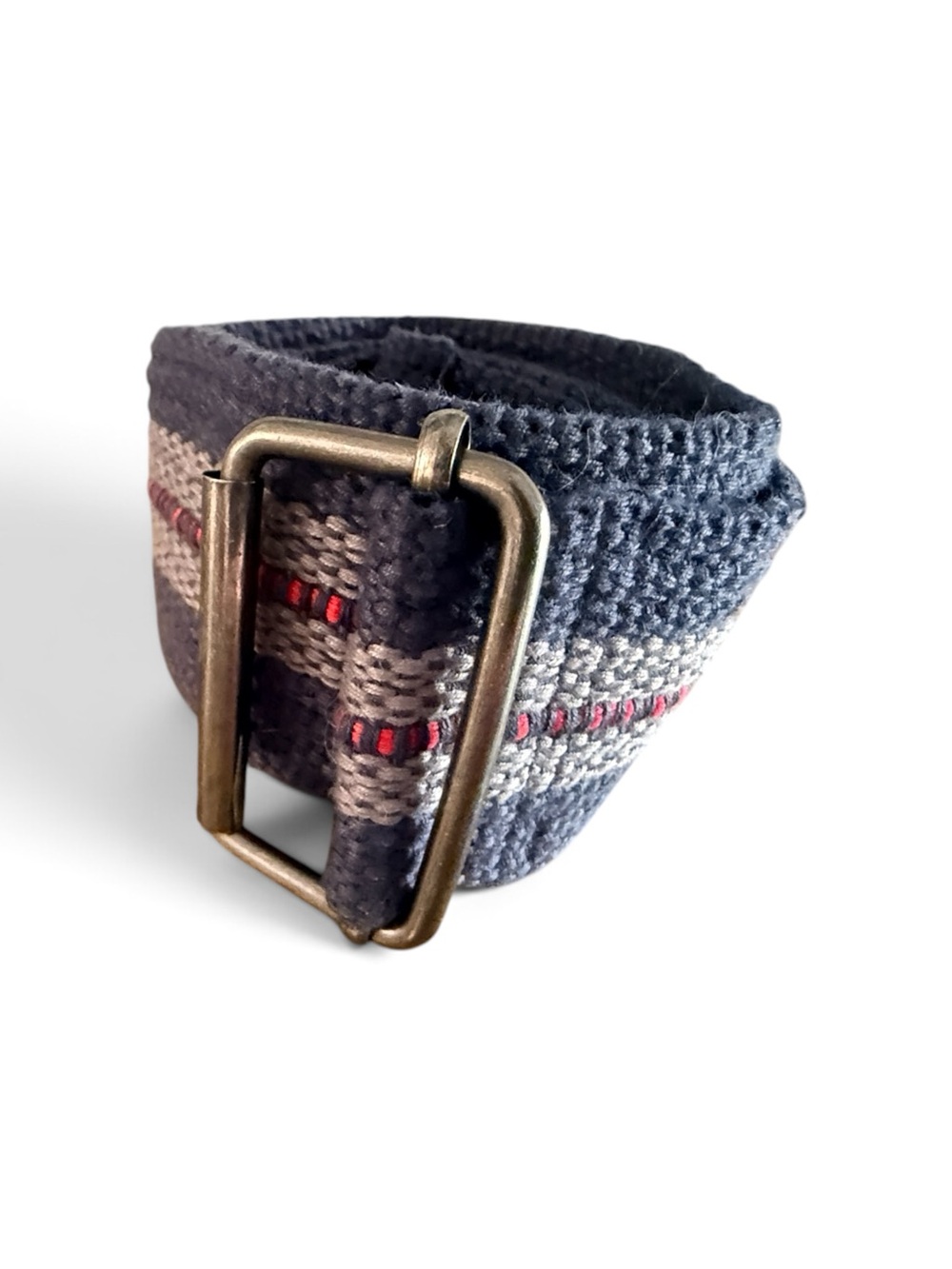 Blue, Red & Gray Textile Belt with Metal D-Ring Buckle